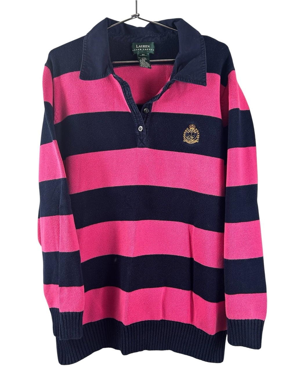 Lauren Ralph Lauren Hot Pink and Navy Striped Rugby Polo - Picture 3 of 6